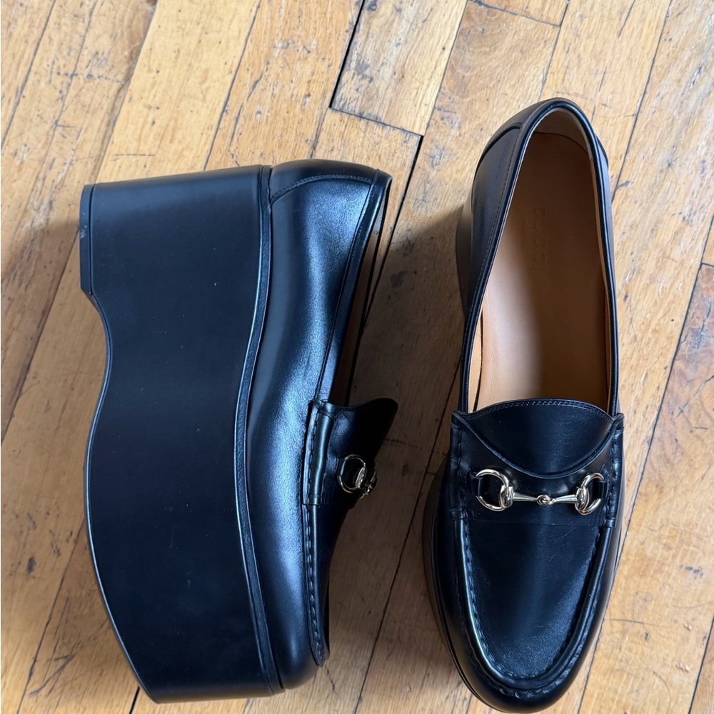 Gucci Black Leather Horsebit Platform Loafers